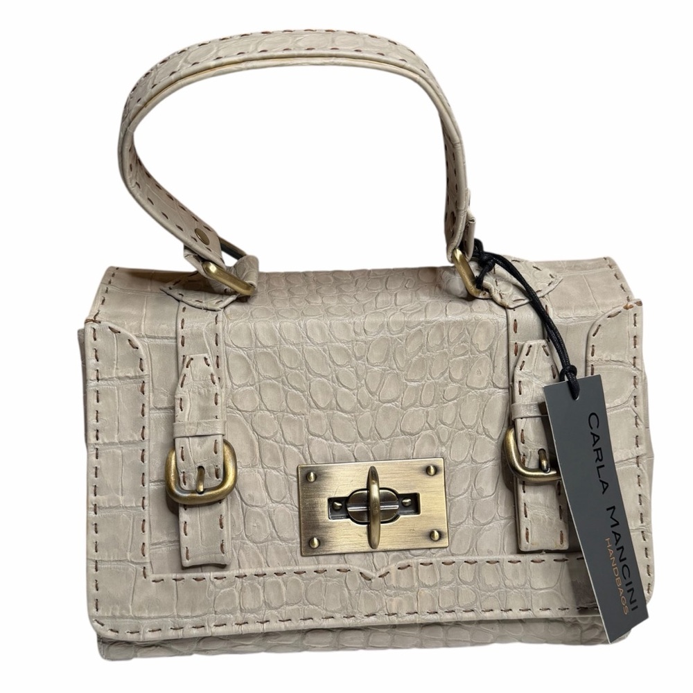 CARLA MANCINI Cream Crocodile Croco‎ Croc-Embossed Purse Bag NWT Shoulder Tote - Picture 2 of 16